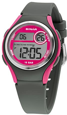 SINAR Mädchen-Armbanduhr Jugenduhr Sportuhr Outdoor Digital Quarz 10 bar mit Silikonband und Licht Grau Pink XE-64-8
