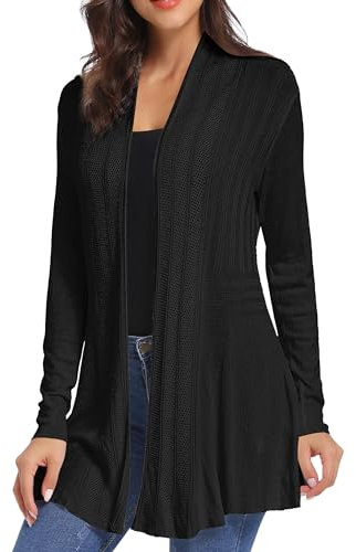 iClosam Damen Cardigan Lang Dünne Jacke mit Leichter Transparenz Langarm Strickjacke, Schwarz, L