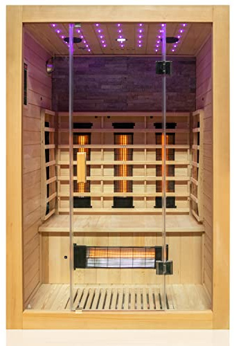 Dewello® Infrarotkabine Infrarotsauna Milton 135x105 für 1-2 Personen aus Hemlock Holz mit Vollspektrumstrahler, LED-Farblicht Sternenhimmel und Steinwand, Bluetooth, FM,MP3,USB