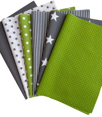 babrause® Stoffpaket Patchwork Baumwollstoffe 12 x (25x35cm) grün grau weiß - Stoffe - Punkte, Sterne, Rauten, Pünktchen, Sterne