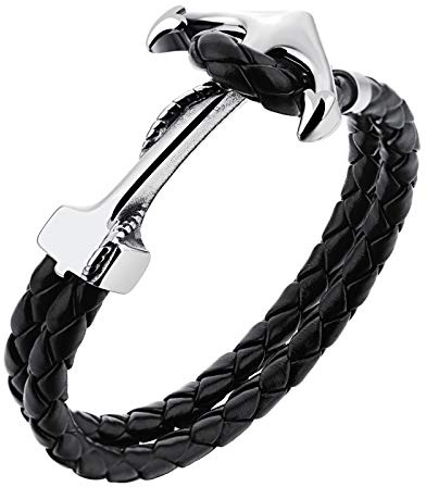MENDOZZA Män ankare armband läder rostfritt stål svart silver, 22 centimeters, Läder,