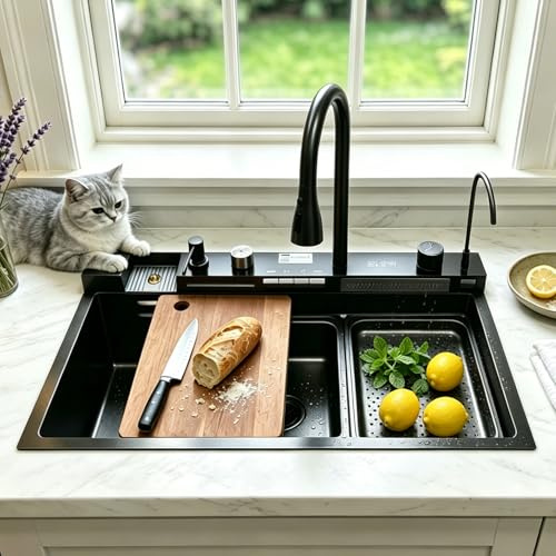 KOOGIMDDR Fregadero de cocina cascada de 68 x 46 cm, 1 fregadero de acero inoxidable con revestimiento nano, grifo de 4 vías, amplia estación de trabajo, fregadero de cocina con tabla de cortar, con
