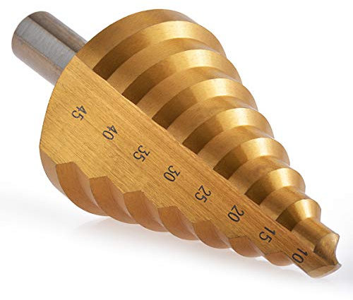 KATUR Stufenbohrer-Set, Titan, HSS-Stufenbohrer, Lochschneider-Set, 12 mm, dreieckig, runder Schaft, geriffelte Kante, Stufenbohrer, 8 Größen, 10–45 mm (gerade Nut, Gold)