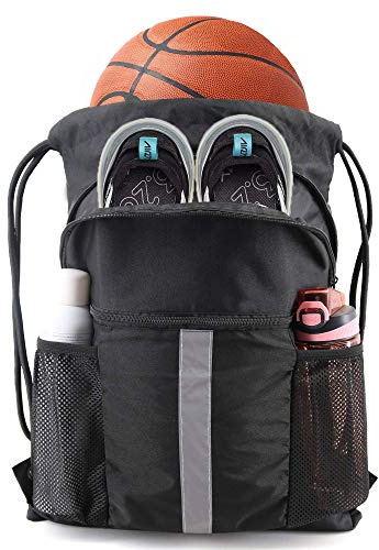 BeeGreen Drawstring Backpack Bag Sports Gym Backpack with Shoe Compartment and Two Water Bottle Holder for Men Women Large String Backpack Athletic Sackpack Workbag Black