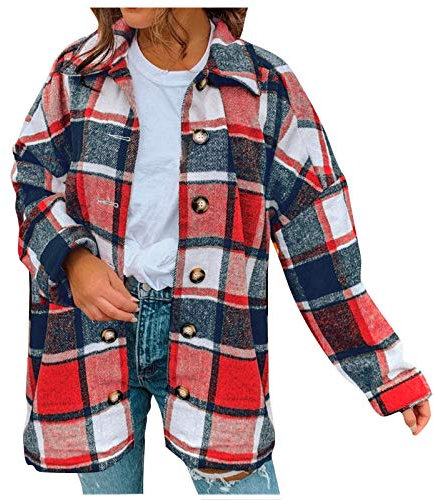 Kariertes Revers Jacke Wollmantel Damen Tasten Knöpfen Langarm Oversize Bluse Mantel Hemdjacke Boyfreind Style E-Girl Style Herbst Jeansjacke Übergangsjacke Overshirt mit Karomuster Leichte Hemd