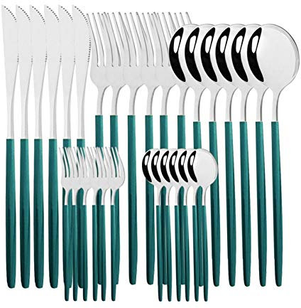 Geschirr Set 18/10 Edelstahl 30 stücke Grün Gold Besteck Set Geschirrmesser Salat Gabel Löffel Besteck Set Spülmaschine Safe essgeschirr (Color : Green Silver)
