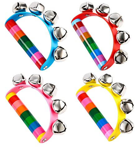 SAVITA 4Pz Campanelli Natalizi con Manico 14cm di Lunghezza Campane di Slitta di Natale Carini Campanelli a Mano con Impugnatura in Legno Percussioni a Mano per Feste di Natale Performance Scolastiche