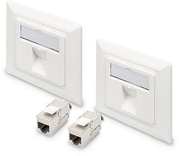 DIGITUS Set: Toma de red de 1 puerto - 2 piezas - Con módulo Keystone 2x Cat6A - Salida en ángulo de 45° - Con tapa de protección contra el polvo - Blanco