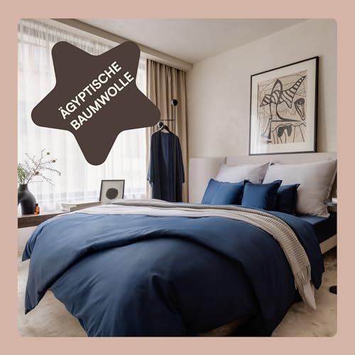 Amqua Mako Satin Bettwäsche Set 155x220cm + Kissenbezug 40x80cm, 100% ägyptische Baumwolle (Zertifiziert) Dunkelblau/Navy