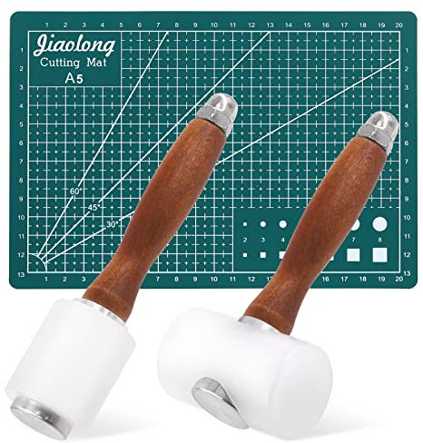 Glarks 3 martello da intaglio in pelle con set di tappetini da taglio, 2 pezzi in nylon manico in legno martello e 1 tappetino da taglio A5 per stampare in pelle bovina strumento