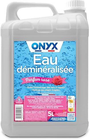 Onyx - Eau Déminéralisé - Parfum Rose - Évite l'Entartrage - 5L | Fer à Repasser, Lisseur Vapeur, Décolleuse à Papier Peint, Auto - 100% d'Ingrédients d'Origine Naturelle - Fabriqué en France
