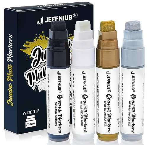 JEFFNIUB Acrylstifte Weiß Schwarz Silber Gold Acrylmarker Breit 4er 3in1 Multi-Line 5-15mm Spitze Wasserfest Acrylstifte für Steine, Glas, Metall, Holz, Halloween Kürbis Basteln Bemalen