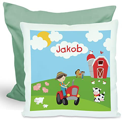 CreaDesign, Kinder Kissen 40x40 cm personalisiert mit Namen, Kinderzimmer Deko Kissen Kinder mit Füllung Federn, Motiv Bauernhof, Rückenfarbe Grün