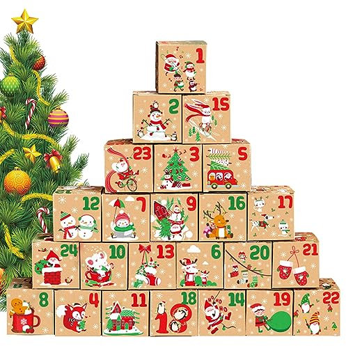 Mamiddle Calendario de Adviento 2025 Calendario de Adviento DIY Vacío con Números 24 Cajas Cuadradas para Navidad Caja Papel para Caramelos Dulces Galletas Chocolates (Marrón)