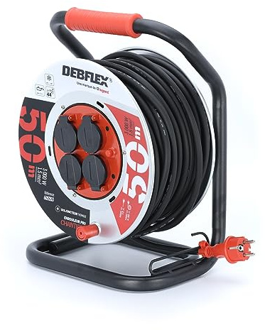 DEBFLEX - Kabeltrommel HO7RN-F 3G1,5 mm² – Elektrische Kabeltrommel mit Verlängerungskabel 50 m + 4 wasserdichte Steckdosen IP44 – mit Kabelführung + Touretverriegelung – PVC + Metall – Schwarz
