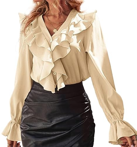 KONFEN Camiseta de Manga Larga Mujer, Blusa Camisa Cuello en V Volantes Tops con Mangas Volantes, Camisetas de Manga Larga Elegante Shirts Sueter Casual para Otoño Invierno Primavera, Albaricoque XL