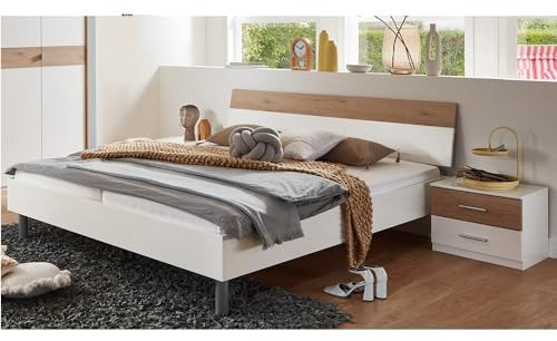 Lomadox Schlafzimmer Set 3-teilig mit Bett 160x200 cm, 2X Nachttisch in weiß mit Eiche