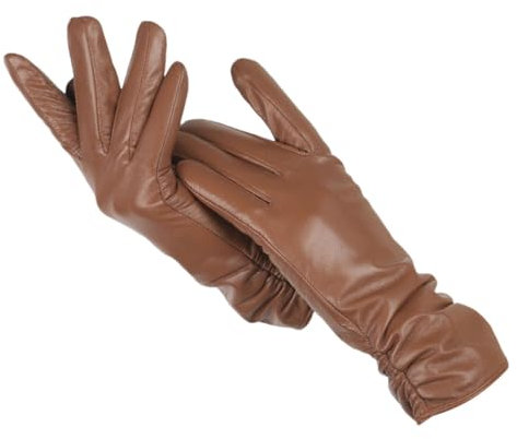Haitpant Damen Plissee-Lederhandschuhe, klassische Winter-Lederhandschuhe, echtes Schaffell, khaki, 8.5