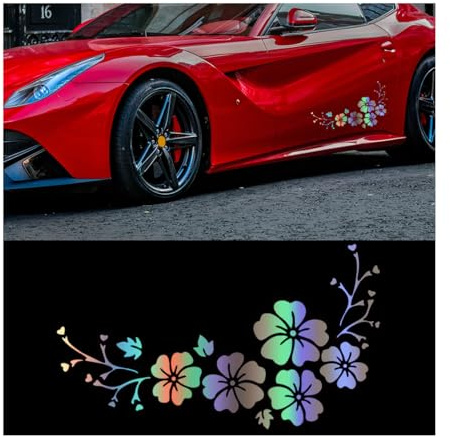 JNNJ 4 Stück Seitenaufkleber für Die Karosserie, Hibiskusblüten-Autoaufkleber, Auto Aufkleber Hibiskus Blumen Schmetterlinge Hawaii, Reflektierende Aufkleber Wasserdichtes Vinyl(Sieben Farben)