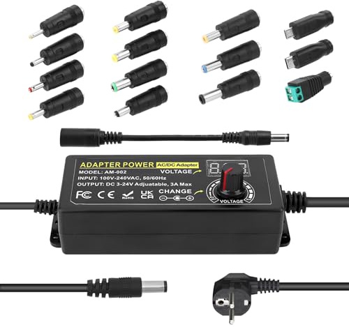 72W Universal Einstellbares Netzteil Adapter 100V-240V AC to DC 3V-24V 3A Konverter Netzteil,Einstellbarer Netzadapter mit 14 Tipps & Polaritätskabel-3A Max