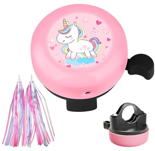 UYUYong Sonnette Vélo Enfant Rose, Ruban Scooter Colorés Licorne Cloches Vélo D'équilibre, pour Vélo Voiture D'équilibre, Scooter (1 Clochette+1 Paire Rubans)
