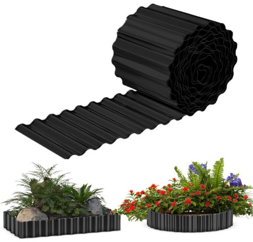 Metal Landscape Edging 8 inch x 20 ft, Corrugated Garden Edging Border Galvanized Sturdy Lawn Edging, Flexible Long Strips Garden Borders for Raised Flower Bed Tree Surrounds-Black