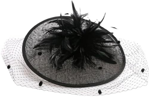Damenhut, Sommerhut, Fascinator, Hochzeit, mit Schleier, Feder, groß, Leinen, Fedoras, Schwarz , 56/58 cm/M