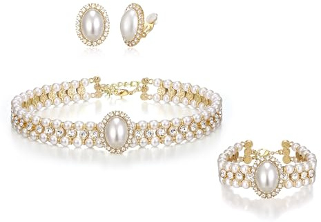Ever Faith Damen Schmuckset Kristall Simulierte Perle Vintage Hochzeit 3 Schichten Lange Halskette Ohrringe Set