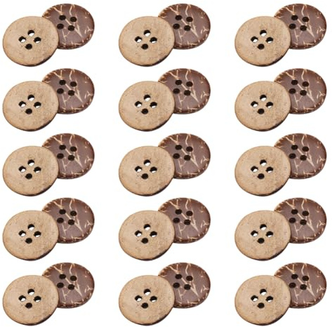 FSSTUD 100 Stück natürliche Kokosnussschalen-Knöpfe, 4 Löcher, Holzknöpfe, zum Nähen, Kokosnussknöpfe, handgefertigte Holzknöpfe, flache runde Knöpfe, zum Aufnähen, für DIY-Kleidung, 20 mm