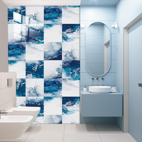 Fliesenaufkleber Blauer Marmor Klebefliesen Küche 3d Wandpaneele Selbstklebend PVC Fliesenaufkleber Bad Wasserdicht Selbstklebende Fliesen Leicht Zu Schrubben Fliesensticker10 PC(15x15cm)