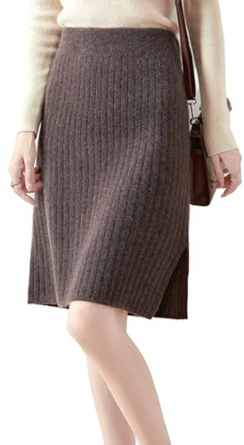 Ailaile Gonna corta Donna Autunno Inverno 100% Lana Merino Maglia Gonna Ragazza A Costine Elastico In Vita Split Gonne, Marrone moka, S