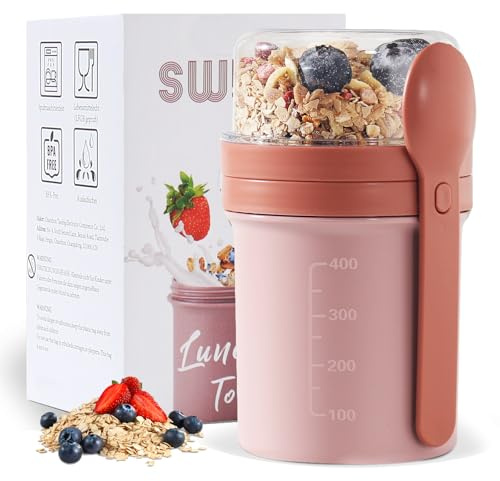 Swkien Gobelet à Emporter Muesli 450 ml + 250 ml - Pot Yaourt avec Cuillère pour Céréales - Anti-fuite - Pot à Déjeuner (Violet Vif)