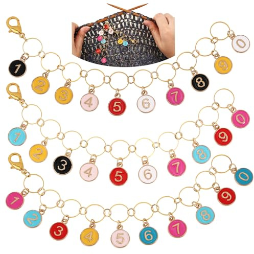 COGCHARGER 3Pcs Flat Round with Number Alloy Enamel Charms Knitting Row Counter Chains for Knitting and Crochet Stitch Markers