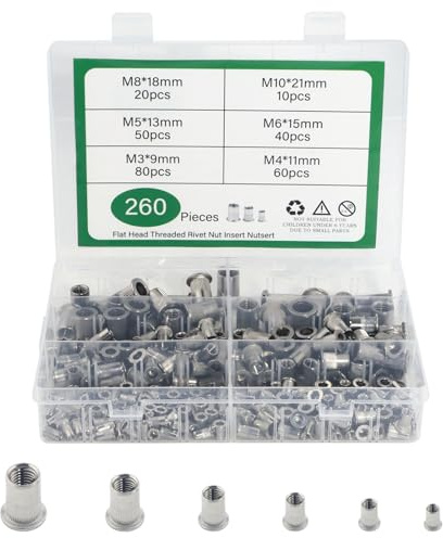 TIOMIOSEA Nietmuttern Sortiment Set, Gewindenieten Senkkopf-Nietmuttern, Edelstahl Zugnietmutter Rivet nuts Muttern, 260 Stück - M3/M4/M5/M6/M8/M10, mit Aufbewahrungsbox
