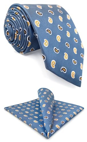 S&W SHLAX&WING Set de Corbata y Pañuelo de Bolsillo Azul Acero Paisley Amarillo para Hombre 147cm