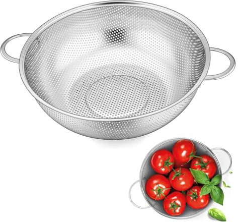 Colador de pasta con asas, diámetro de 22 cm, acero inoxidable, microperforado, cesta de colador, para escurrir pasta, verduras y frutas, arroz, apto para lavavajillas