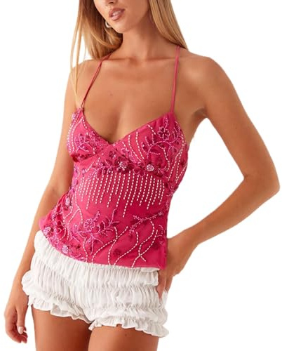 Edhomenn Women Y2K Sequin Cami Top V Neck Criss Cross Straps Tank Cute Sparkle Backless Crop Tops Sexy Sleeveless Spaghetti Strap Tops (Rose Red, S)