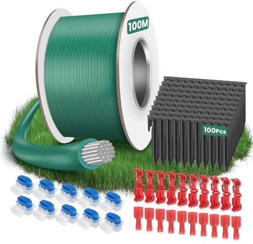 Câble de délimitation, 100 m, pour robot tondeuse, avec 100 piquets, 10 connecteurs de câble et 10 bornes de raccordement, câble de délimitation universel pour robot tondeuse à gazon