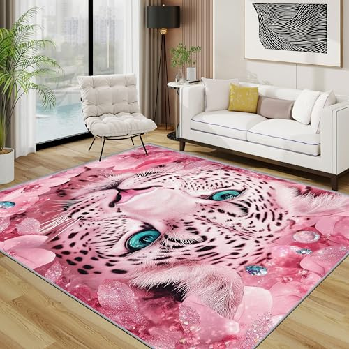 TerroVee Leopard Teppich Waschbar, Blumen Tiere Teppich 80x150 cm, Fantasy Rosa Mädchen rutschfest Waschbar Pflegeleicht Teppiche Für Schlafzimmer Küche, Rosa