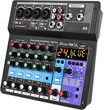 ABBNIA Consola de Audio portátil Mini A6 de 6 Canales con Tarjeta de Sonido, grabación USB, Canto, webcast y Mezclador para Fiestas
