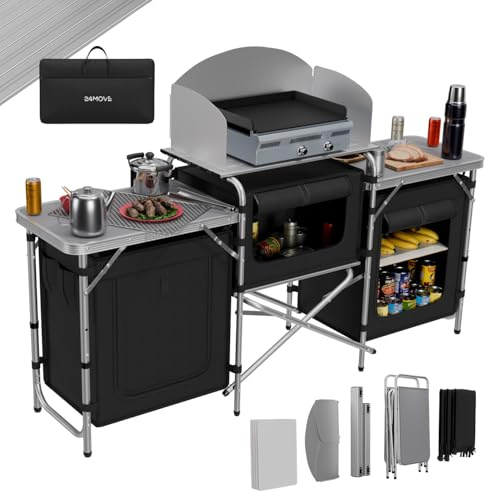 24MOVE® Campingküche, Faltbare Outdoor Küche Arbeitsplatte, MDF Einlegeböden, Besteckfächern, Tragegriff