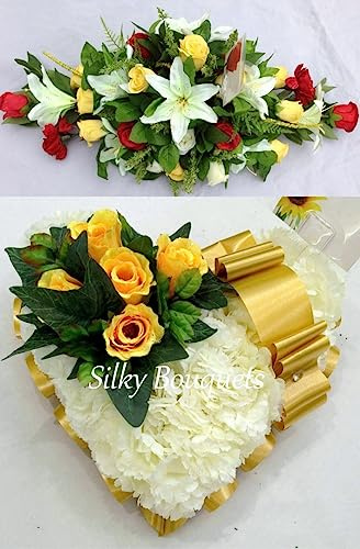 Silky Bouquets Heart & Spray 2 Piece Funeral Tribute – 12 Silk Flower Heart with Personalized Sash & Matching Baby Spray | Memorial Package in Any Colour with Message Card