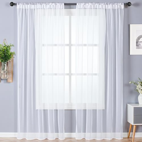 Alaoo Set of 2 Voile Curtains, 56 x 79 Inches White Net Curtains Woven Eyelet Voile Sheer Panels Semi Transparent Window Treatment for Kitcken Living Room Bedroom
