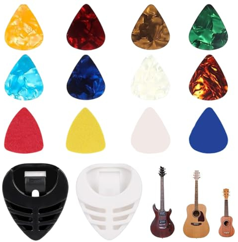Support pour Médiators Guitare - 12 Médiators GRATUITS, Porte Médiators à Ressort, En Celluloïd pour Guitare Electrique, Basse, Acoustique, Ukulélé, Support Adhésif, 0.46mm 0.71mm 0.96mm