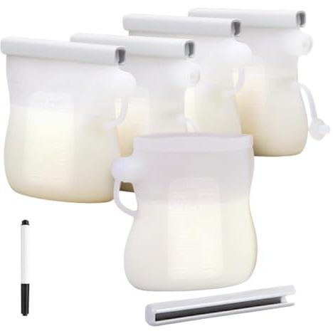 Set di 5 Sacche in Silicone per la Conservazione del Latte Materno, 250 ml, Riutilizzabili, Ecologiche e Senza BPA. Chiusura con Beccuccio Versatore. Sacche Autoportanti per l’Allattamento del Bebè