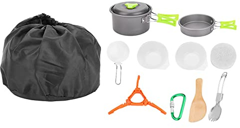 Kit de Utensilios de Cocina portátiles para Exteriores, Juego de Utensilios de Cocina para Acampar con Olla, sartén, Cuenco y Cuchara, Asas Resistentes al Calor, Bolsa de almacenam (AT6384-B)