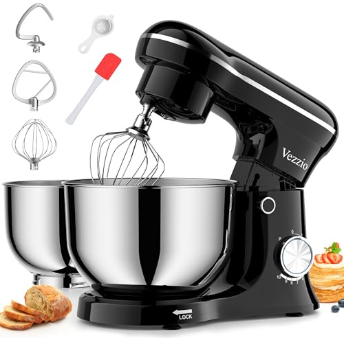 Vezzio Stand Mixer with 5QT+6QT Dual Bowls, 10-Speed Electric 1500W Food Mixer - Includes Egg Whisk, Dough Hook & Flat Beater for Home Baking & Daily Cooking (Black)