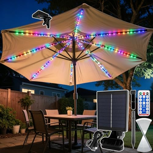 VEEKAY Lumières Solaires De Parapluie,Luce Solare per Ombrellone,104 LED 8 Modes Solaire Lampes Pour Parasol,Avec Télécommande,Lampes Solaire Pour Parasol,pour Extérieure Parasol Jardin Tentes