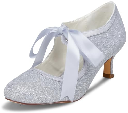 JIA JIA Nuziale 140311 Raso di Pizzo Tacco Basso Punta Chiusa Scarpe da Ballo Pompe delle Donne del Partito Colore Argento, Taglia 36 EU