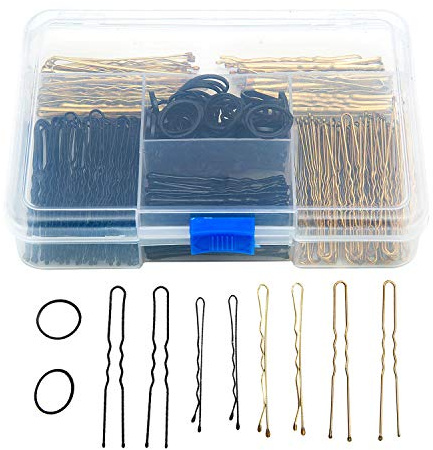 Czemo 200 Stück Haarnadeln 5 cm und 6 cm Bobby Pins und U Haarnadeln für Mädchen und Frauen und 120 Stück Gummi-Haargummi mit Aufbewahrungsbox (Gold und Schwarz)